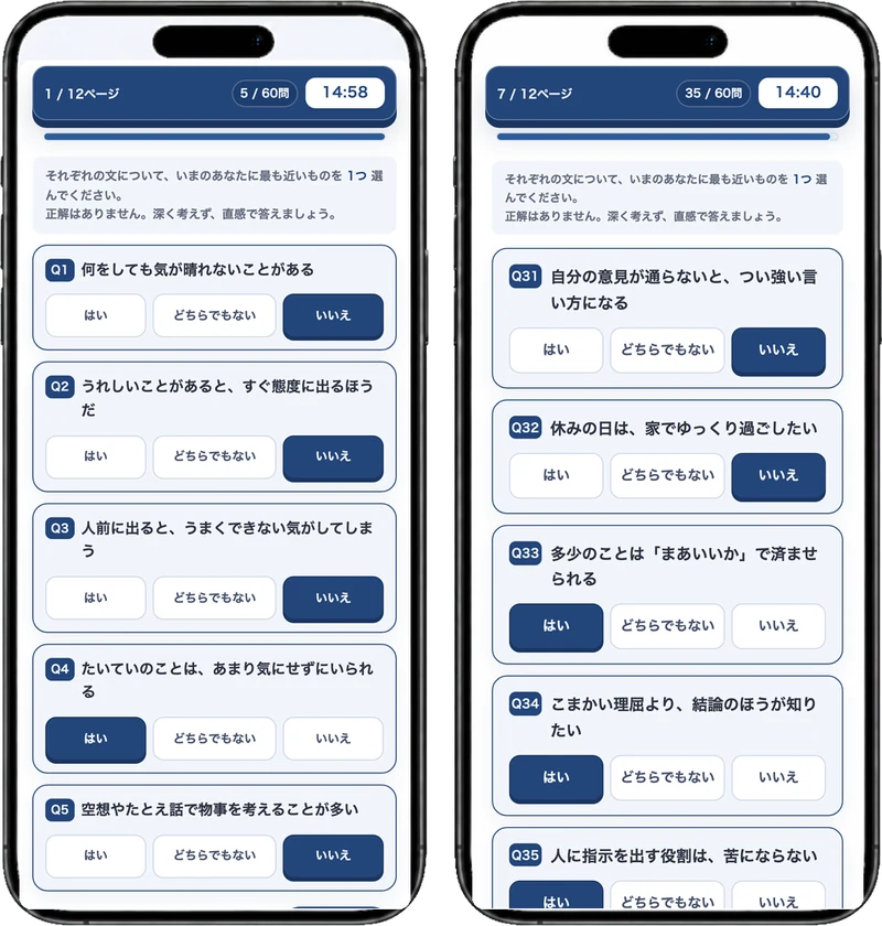 YG性格検査本番想定模試の出題画面と12尺度プロフィールの結果画面のイメージ
